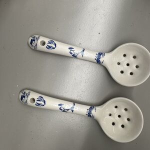 (2) Two Handmade Ceramic Slotted Rice 7” Rice Serving Spoons